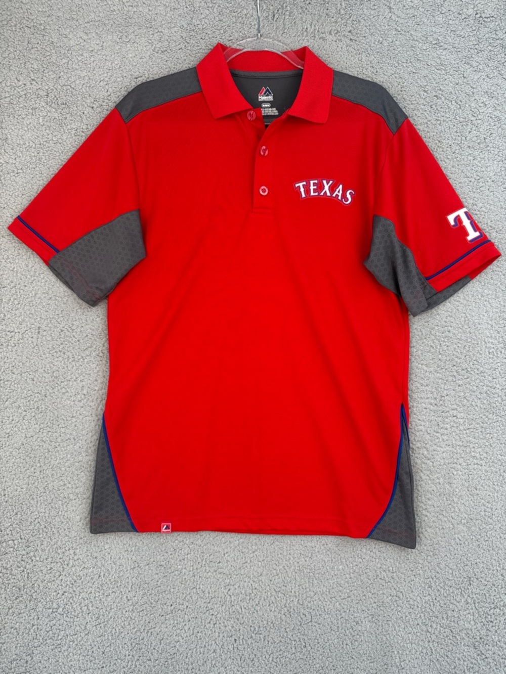 Texas Rangers Majestic Men’s Medium short sleeve polo shirt Red & Gray Stretch